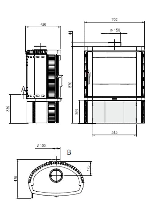 The image shows a technical drawing of a wood-burning stove with detailed dimensions. The focus is on the architecture and dimensions of the stove. This drawing is useful for those who want to integrate a wood-burning stove into their living space and need exact measurements. The drawing shows both the front and side views, with precise details of the height, width, and depth of the stove. Perfect for planning and installing wood-burning stoves.