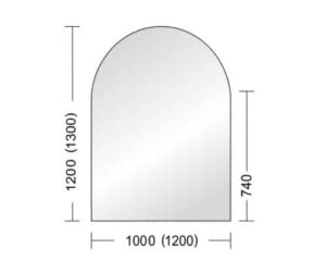 Das Bild zeigt eine schematische Detailansicht eines Kaminofens mit dem Fokus auf die Maße. Es handelt sich um die Abmessungen einer gewölbten Kaminofenscheibe. Die Scheibe ist 1200 mm in der Höhe (mit einer alternativen Höhe von 1300 mm) und 1000 mm in der Breite (mit einer alternativen Breite von 1200 mm). Diese Glasfront könnte ideal für einen modernen Holzofen oder Kaminofen sein, der stilvolle Akzente in jedem Raum setzt.