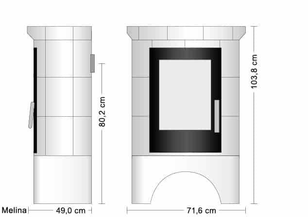 De afbeelding toont een technische tekening van een kachel met de naam "Melina". De kachel heeft een helder, rechthoekig kijkvenster en een elegante, cilindrische vorm. De afmetingen zijn 103,8 cm hoog en 71,6 cm breed. De houtkachel combineert modern design met functionaliteit en biedt een groot kijkvenster voor een aangename vuurervaring. Ideaal voor gezellige avonden voor de houtkachel.