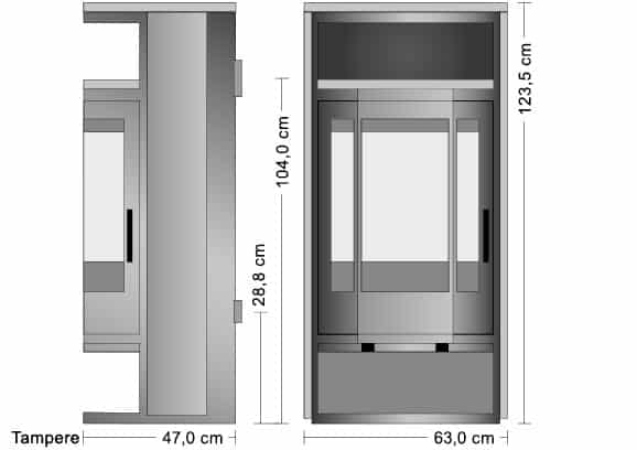 The picture shows a schematic representation of a wood-burning stove called Tampere. It provides a front and side view of the stove with exact dimensions. The stove is 123.5 cm high and 63 cm wide, while the depth is 47 cm. The stove has a large viewing window through which the flames inside can be seen. This precise representation of the wood-burning stove provides potential buyers with helpful information on the size and design of the product. Ideal for those looking for an efficient and aesthetically pleasing wood-burning stove for their home.