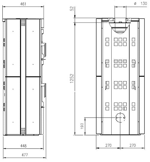 Technische tekening van een houtkachel met gedetailleerde afmetingen. De tekening toont het vooraanzicht en zijaanzicht van de kachel. De focus ligt op de specifieke afmetingen van het model, wat cruciaal is voor de planning en installatie. Perfect voor wie geïnteresseerd is in een nauwkeurige installatie van zijn nieuwe houtkachel.