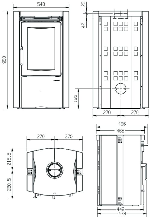 The image shows a technical drawing of a wood-burning stove from different perspectives. The detailed illustration includes front, side, and top views, clearly showing the proportions and design of the stove. The slim design with clean lines is particularly striking. This drawing emphasizes the structure of the wood-burning stove and provides a good overview of the dimensions and construction details that are relevant for installation and planning. Perfect for getting an accurate idea when choosing a wood-burning stove.