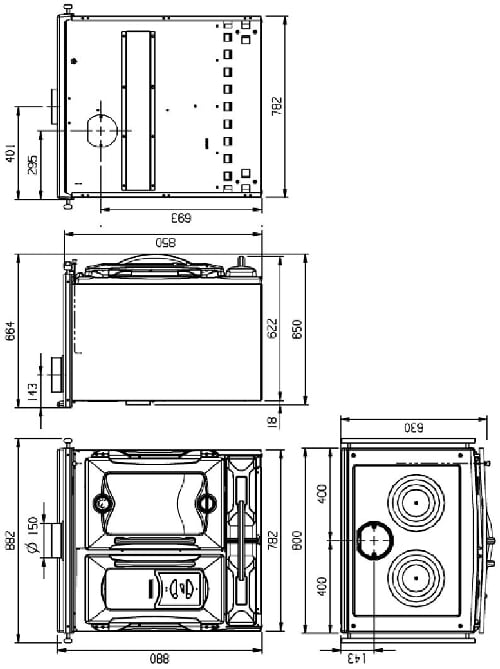 The image shows a technical drawing of a wood-burning stove called "Mamy Tech" from an online store for wood-burning stoves. The drawing provides detailed views of the stove from different angles, including front and side perspectives. The dimensions are clearly indicated to give a precise idea of the size. This technical representation serves as a helpful tool for potential buyers who need accurate specifications for the wood-burning stove. Keywords: wood-burning stove, wood stove, technical drawing.