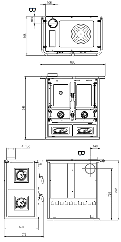 De afbeelding toont technische tekeningen van een houtkachel met de naam "Rosa Sinistra". Er zijn verschillende aanzichten van de kachel te zien: vooraanzicht, zijaanzicht en bovenaanzicht. De tekeningen bevatten gedetailleerde afmetingen die informatie geven over de afmetingen en de constructie van de kachel. Deze technische details kunnen nuttig zijn bij het ontwerpen en installeren van de houtkachel. De focus ligt hier op het structurele ontwerp en de afmetingen van de kachel.