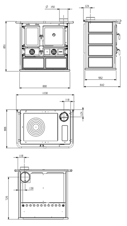 The image shows a technical drawing of a wood-burning stove. Various views of the stove are shown with detailed dimensions that illustrate its structure and the position of various components. The wood-burning stove is carefully sketched to give potential customers a precise understanding of its dimensions and design. The focus is on the technical representation, which is helpful for those interested in the specific details and space requirements of a wood-burning stove.
