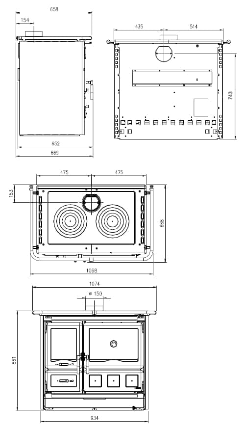 Deze afbeelding toont technische tekeningen van een XXL-houtkachel, vermoedelijk het model "Rosa". De afbeeldingen tonen de voor-, zij- en bovenaanzicht van de houtkachel met gedetailleerde afmetingen. De tekening benadrukt specifieke elementen zoals de verbrandingskamer, het houtvak en mogelijk kookplaten. Ideaal voor een nauwkeurige planning bij de installatie van een houtkachel in uw woonruimte. Perfect geschikt voor wie een ruime en functionele kachel overweegt.