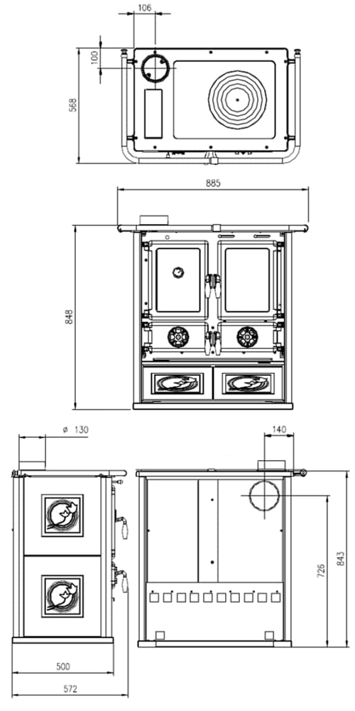 De afbeelding toont een technische tekening van een houtkachel, model Rosetta Sinistra. De afmetingen van de kachel worden gedetailleerd weergegeven, inclusief de hoogte, breedte en diepte. De houtkachel heeft verschillende onderdelen, waaronder een kookplaat aan de bovenkant, deuren voor de verbrandingskamer en waarschijnlijk opbergvakken. De tekening benadrukt het ontwerp en de verhoudingen van de houtkachel, wat handig is voor ontwerpdoeleinden. Dergelijke technische diagrammen zijn nuttig voor installaties en bieden een nauwkeurig inzicht in de constructie van de houtkachel.