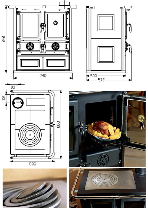 De afbeelding geeft een gedetailleerd inzicht in een Rosetta Tech DB-houtkachel. Er zijn technische tekeningen en foto's van de kachel te zien. Bijzondere aandacht gaat uit naar de functionaliteit van de kachel, inclusief het bakvak waarin een braadstuk met aardappelen wordt bereid. De houtkachel heeft een elegant, klassiek ontwerp met kookplaten en draaiknoppen. De technische tekeningen geven de afmetingen en de opbouw van de kachel weer. Ideaal voor iedereen die op zoek is naar een veelzijdige en stijlvolle kachel die ook culinaire mogelijkheden biedt.
