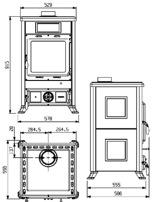 The picture shows a technical drawing of a wood-burning stove from different perspectives. There are front, side and top views that illustrate the dimensions and details of the stove. The drawing clearly highlights the dimensions and structure of the wood-burning stove, ideal for planning its installation in a living environment. The stove is designed in a modern style that is functional and aesthetically pleasing. Perfect for those who want to integrate a wood-burning stove into their home.