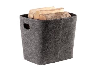 A gray felt basket suitable for fireplace accessories, filled with several logs. The basket has two practical handles and is ideal for storing firewood for wood-burning stoves. Its simple design and functional size make it a useful and stylish addition to any fireplace.