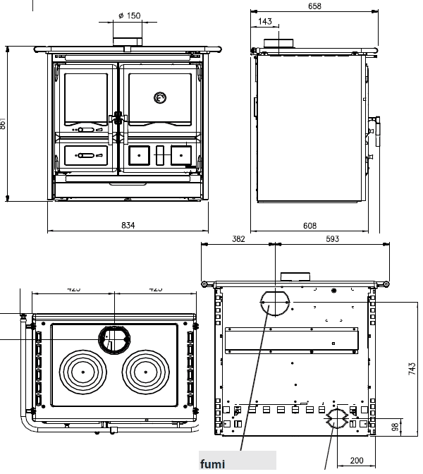 De afbeelding toont technische tekeningen van een houtkachel, waarbij de nadruk ligt op de afmetingen en technische details. Er worden verschillende aanzichten van de houtkachel getoond, waaronder een vooraanzicht, zijaanzicht en bovenaanzicht, met gedetailleerde afmetingen. Deze nauwkeurige informatie is nuttig voor het ontwerpen en installeren van de houtkachel. Ideaal voor kopers die de exacte afmetingen en specificaties van de kachel nodig hebben.