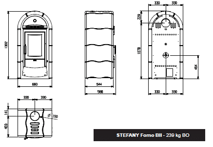 De afbeelding toont een technische tekening van een kachel uit de serie "Stefany Forno BII". De tekening omvat verschillende aanzichten van de kachel, waaronder een vooraanzicht, zijaanzicht en achteraanzicht. De exacte afmetingen en details van de constructie zijn te zien. De kachel heeft een modern ontwerp met strakke lijnen en een grote deur aan de voorkant. Deze gedetailleerde technische tekening is ideaal om de afmetingen en specifieke kenmerken van de kachel te begrijpen. Een perfecte houtkachel om stijl en warmte toe te voegen aan elk huis.