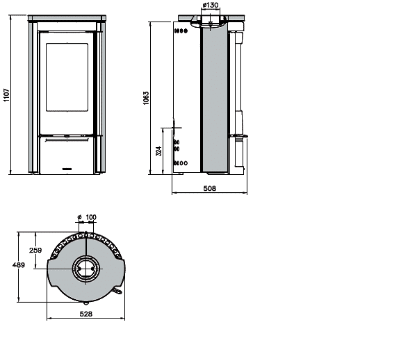 De afbeelding toont een technische tekening van een elegante houtkachel met de naam "Marlena". Deze bevat verschillende aanzichten: een vooraanzicht, een zijaanzicht en een bovenaanzicht. De tekening toont de exacte afmetingen van de kachel, wat handig kan zijn bij het ontwerpen en installeren ervan. De kachel heeft strakke, moderne lijnen en kan in verschillende woonruimtes worden gebruikt als stijlvolle houtkachel. Dit is vooral handig voor mensen die op zoek zijn naar een gedetailleerd ontwerp voor hun kachel.