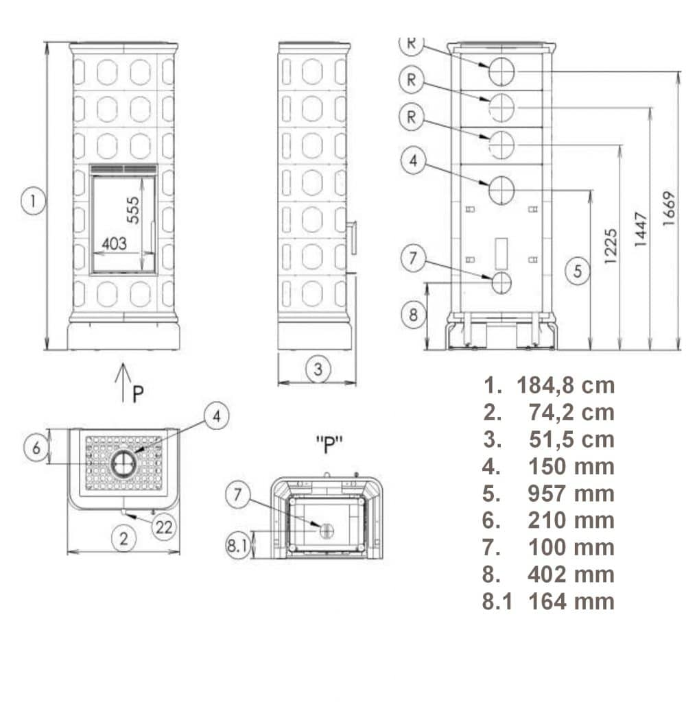 The image shows a technical drawing of the "Serena Excl XL3" wood-burning stove. Various dimensions and details of the stove are highlighted in the drawing. The schematic representation includes front and side views as well as a top view, which illustrate the dimensions and design of the stove. The wood-burning stove is ideal for modern living spaces and offers an efficient heating solution. This is ideal for those looking for a stylish and functional wood-burning stove.