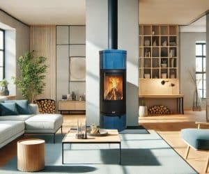 Moderner Wohnzimmerbereich mit blauem Kaminofen, minimalistischer Einrichtung und großen Fenstern.