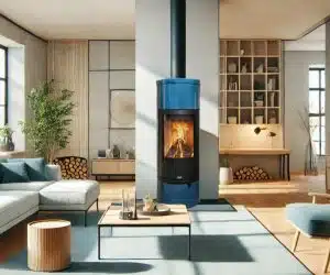 Moderner Wohnzimmerbereich mit blauem Kaminofen, minimalistischer Einrichtung und großen Fenstern.