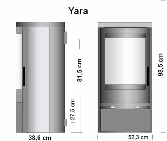 De afbeelding toont een schematische weergave van een moderne houtkachel van het model "Yara". De houtkachel heeft een compacte vorm met strakke lijnen. Aan de voorkant zit een groot glazen paneel waardoor u het vuur kunt zien, en daaronder bevinden zich twee kleine vakken, waarschijnlijk voor het opbergen van hout. Het zijaanzicht benadrukt het slanke ontwerp. De kachel is ideaal als stijlvolle en efficiënte warmtebron in uw huis. Aantrekkelijk ontwerp voor elke woonruimte.