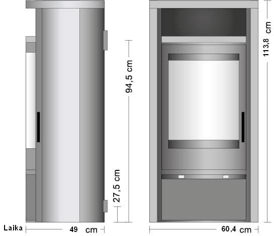 The picture shows a technical drawing of the "Laika" stove. The illustration shows both the front and the side view of the stove. The stove is 113.8 cm high, 60.4 cm wide and has a depth of 49 cm. The drawing emphasizes the clear lines and modern design of the stove. This illustration provides a precise overview of the dimensions and design of this wood-burning stove and supports planning and installation in living rooms. Ideal for anyone looking for a stylish and functional wood-burning stove.