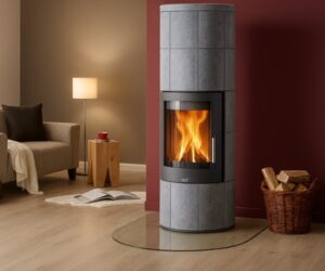 Das Bild zeigt einen eleganten, modernen Kaminofen im Raum. Der Kaminofen ist zylindrisch und mit grauem Speckstein verkleidet, was ihm ein stilvolles Aussehen verleiht. Das Feuer brennt lebendig hinter einer großen Glasscheibe, die eine klare Sicht auf die Flammen ermöglicht. Der Kaminofen steht auf einer Glasplatte, und neben ihm befindet sich ein Korb mit Holzscheiten. Im Hintergrund sind ein Sessel, ein kleiner Holztisch mit einer Tasse und Lampe sowie ein Buch zu sehen. Der Raum wirkt warm und einladend, perfekt für gemütliche Abende am Holzofen.