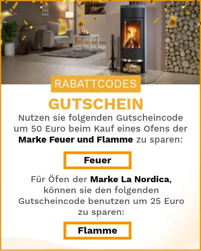 Gutschein-Mobile-n Kaminofen in modernem Wohnzimmer mit Rabattcode für Feuer und Flamme Kaminöfen im Vordergrund.