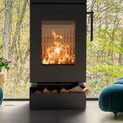 Detailaufnahme eines schwarzen Kaminofens mit loderndem Feuer, daneben grüne Pflanzen und blaue Sessel.