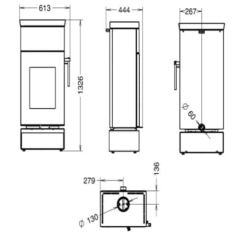 Technische Zeichnung eines Kaminofens mit Maßen: Höhe 1326 mm, Breite 613 mm, Tiefe 444 mm. Ansicht von vorne, der Seite und oben.