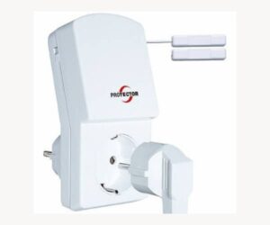 Weiße Steckdosenleiste mit Schutzfunktion, seitlich montiertem Kabel und rotem "Protector"-Logo. Geeignet für den Einsatz in Innenräumen.